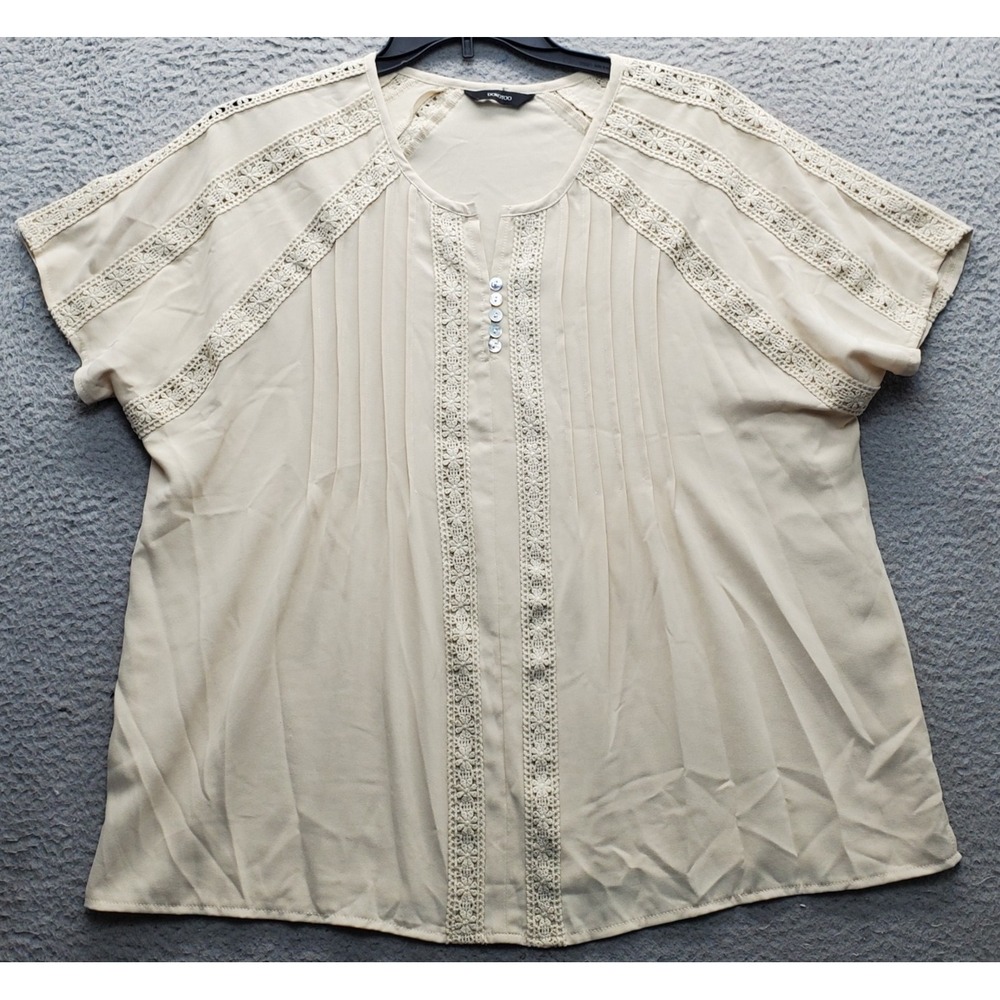 Dokotoo Blouse Top Womens 2XL Brown Crochet‎ Trim Pintuck Round Neck Button Slit